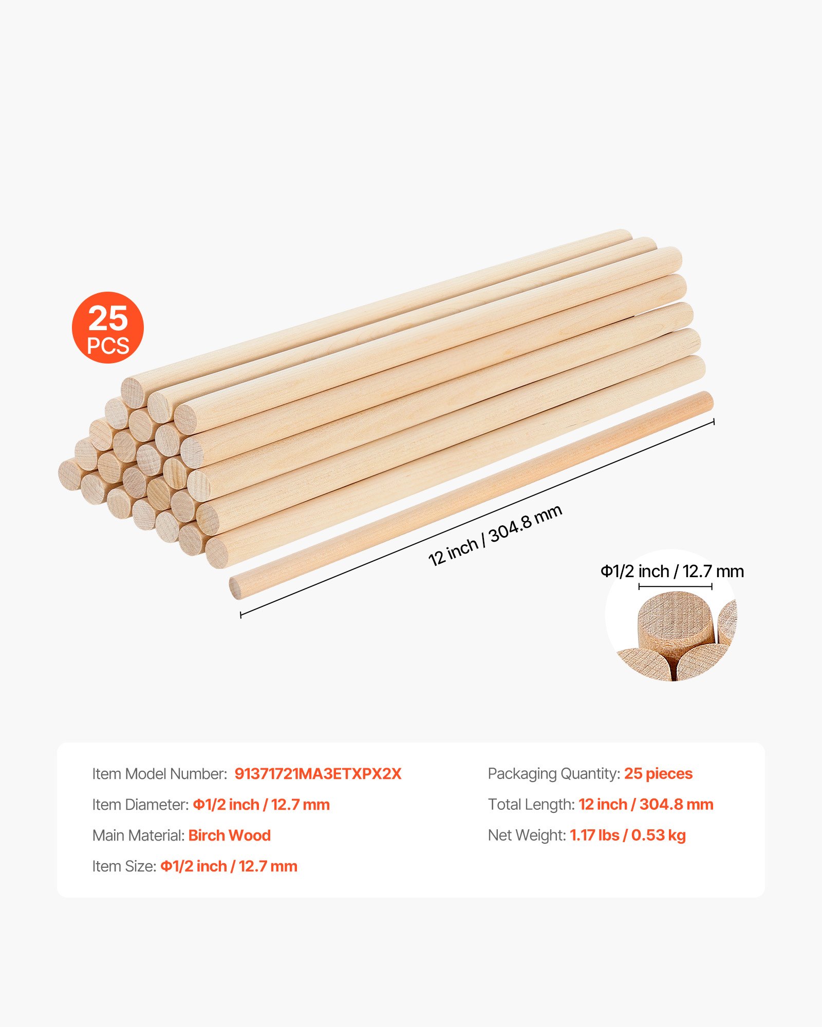 VEVOR 25Pcs Wooden Dowel Rods 1/2 x 12 Inch Natural Birch Wood Sticks Dowels, Unfinished Hardwood Sticks for Craft and DIY Projects, One-Piece Cutting & Smooth Surface & Easy to Color and Paint