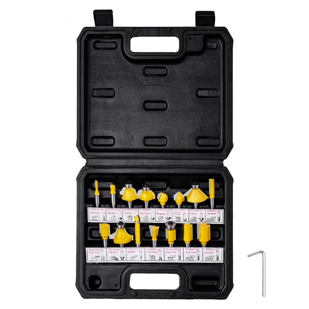 VEVOR Router Bits Set 15 Pieces Carbide Router Bit 1/4 Inch Shank Carrying Case