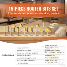 VEVOR Router Bits Set 15 Pieces Carbide Router Bit 1/4 Inch Shank Carrying Case