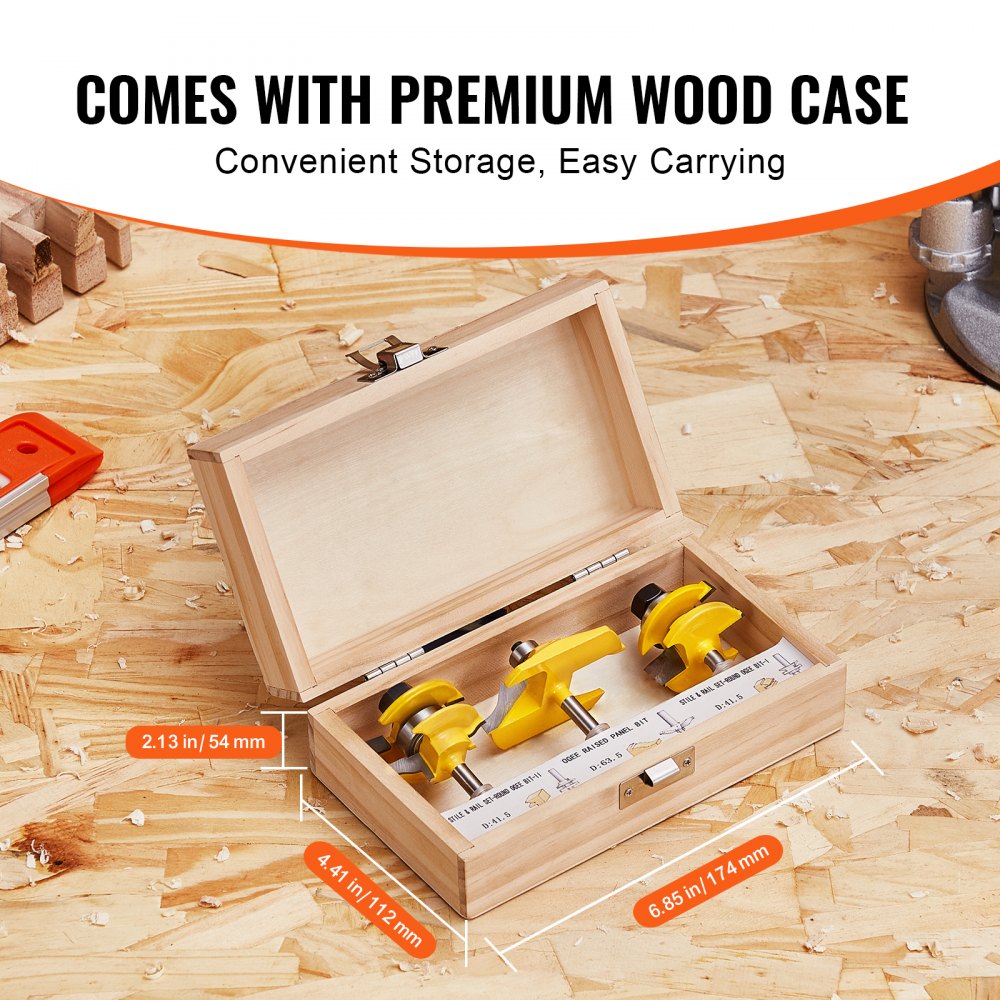 VEVOR Router Bits Set, 3 Pieces, Carbide Router Bit Kit with 6.35 mm(1/4 Inch) Shank, Wood Carrying Case, Woodworking Tools for Professional and Beginners Carpenter, for Wood MDF Particle Board Plywood