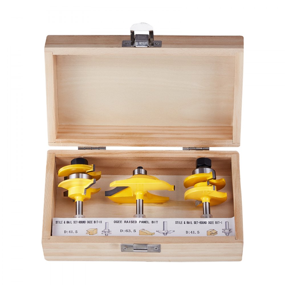 VEVOR Router Bits Set, 3 Pieces, Carbide Router Bit Kit with 6.35 mm(1/4 Inch) Shank, Wood Carrying Case, Woodworking Tools for Professional and Beginners Carpenter, for Wood MDF Particle Board Plywood