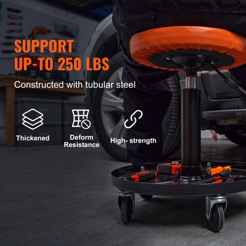 VEVOR Mechanic Stool, 250 LBS Rolling Pneumatic Creeper Garage/Shop Seat, Adjustable Height 16 in-22 in Padded Rolling Workshop Stool with Tool Tray, for Garage, Shop, Auto Repair, Black+Orange