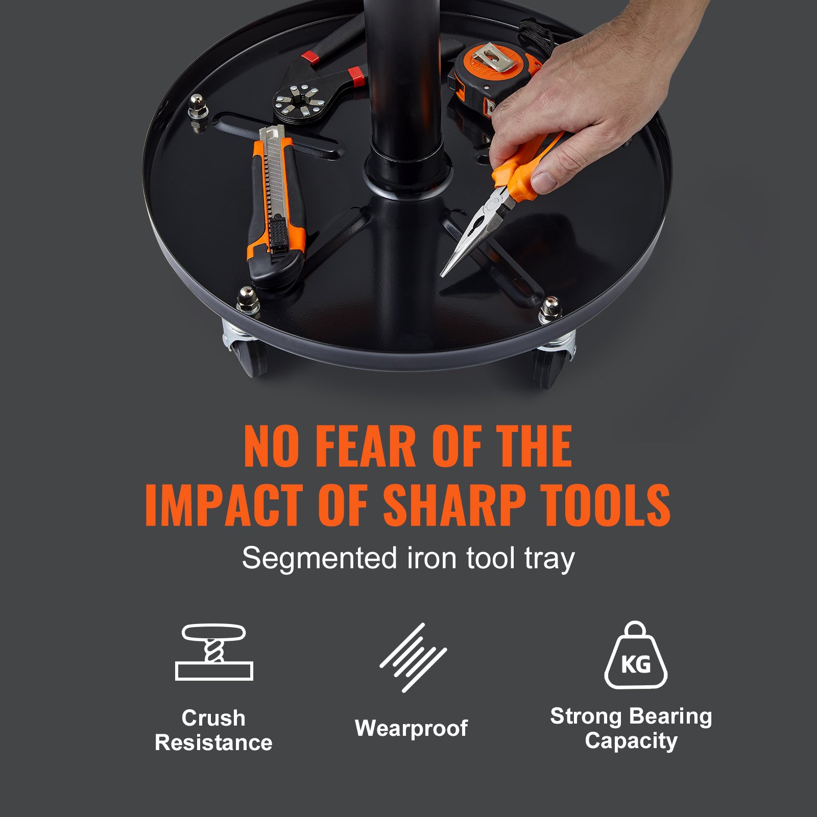 VEVOR Mechanic Stool, 250 LBS Rolling Pneumatic Creeper Garage/Shop Seat, Adjustable Height 22 in-28 in Padded Rolling Workshop Stool with Tool Tray, for Garage, Shop, Auto Repair, Black+Orange