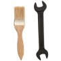 paintbrush with wooden handle and black metal wrench side by side.