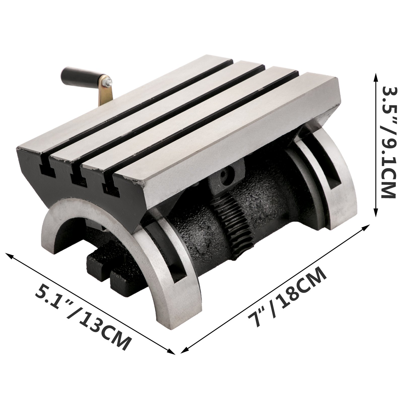 VEVOR tilting milling table, dimensions 5.1&quot; x 7&quot; x 3.5&quot;, silver and black finish.