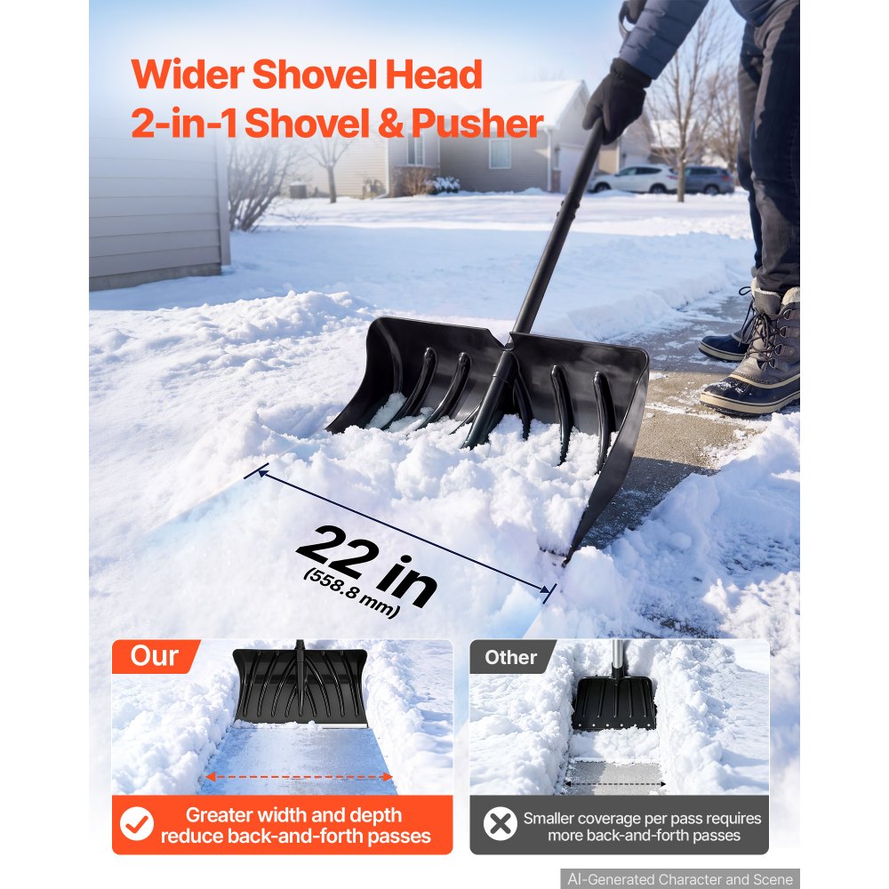 VEVOR Snow Shovel for Driveway 22" Wide Plastic Shovel with D-Grip Handle, for Home Garden Camping Outdoor Use, Aluminum Strip, Large Capacity Lightweight Snow Removal Tool with Extended Steel Handle