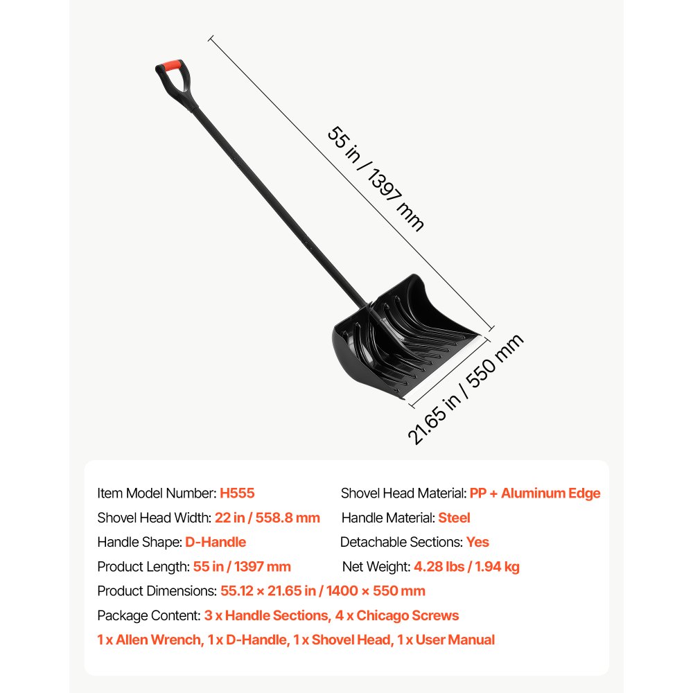 VEVOR Snow Shovel for Driveway 22" Wide Plastic Shovel with D-Grip Handle, for Home Garden Camping Outdoor Use, Aluminum Strip, Large Capacity Lightweight Snow Removal Tool with Extended Steel Handle