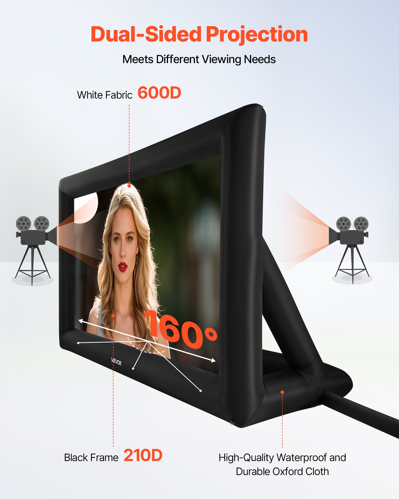 VEVOR 16 ft Inflatable Movie Screen, 600D Washable Inflatable Projection Screen with Portable Storage Bag, Easy Set Up 16:9 Movie Projector for Outdoor Backyard, Home Theater, Theme Party, Pool Fun