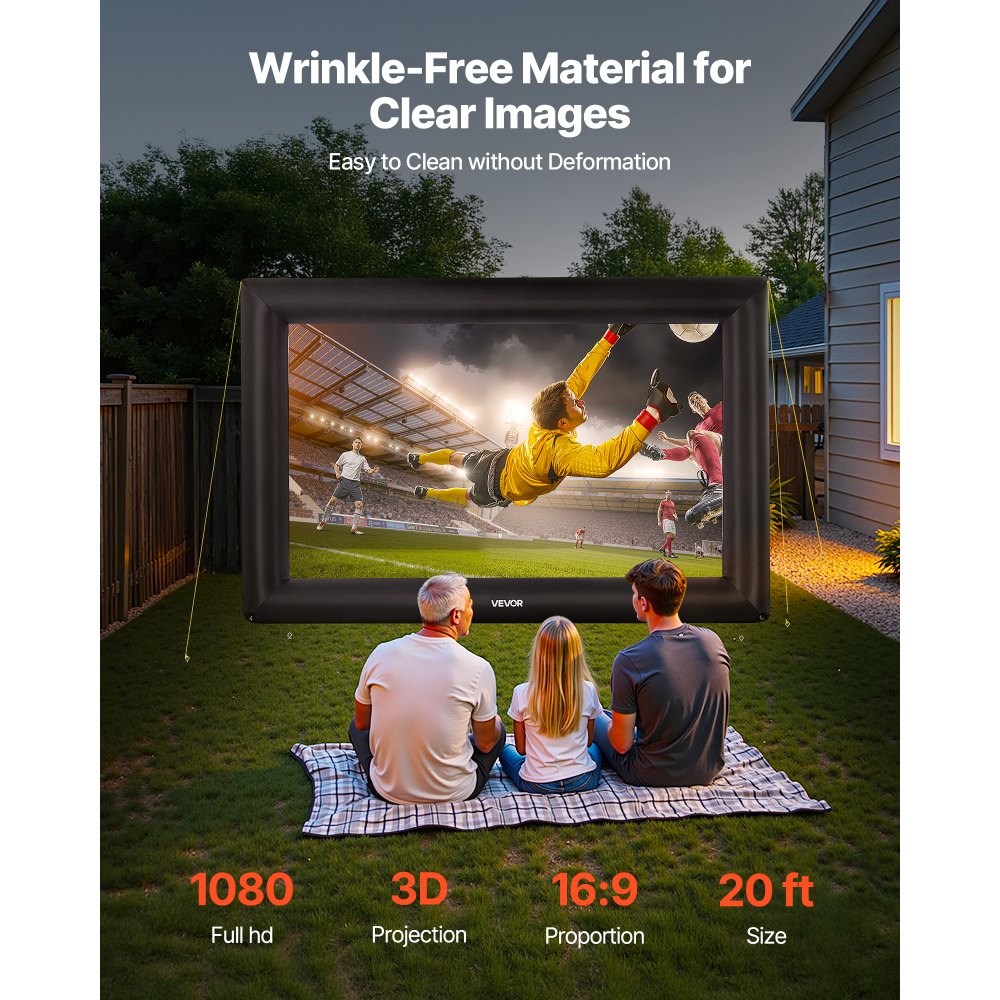 VEVOR 20 ft Inflatable Movie Screen, 600D Washable Inflatable Projection Screen with Portable Storage Bag, Easy Set Up 16:9 Movie Projector for Outdoor Backyard, Home Theater, Theme Party, Pool Fun