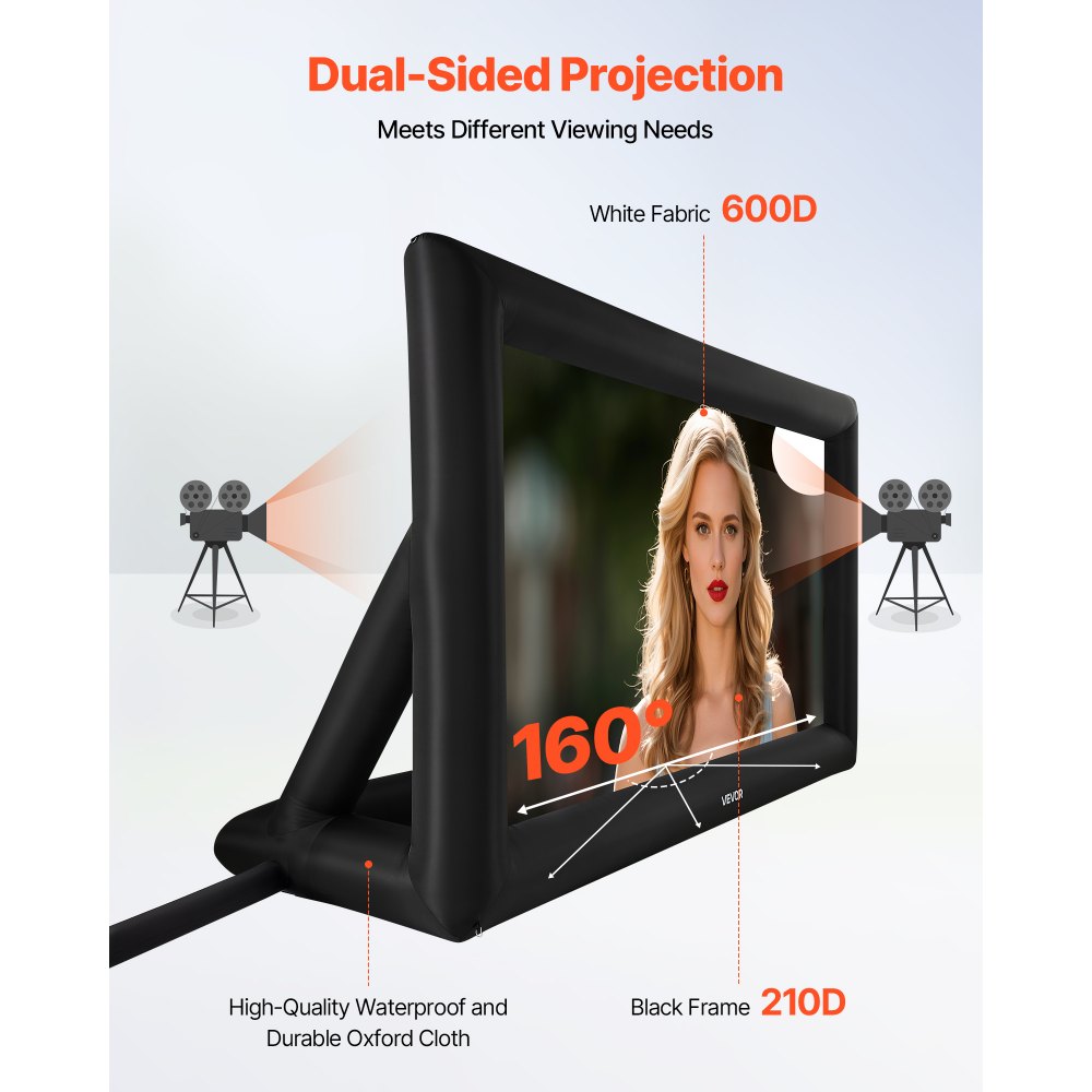 VEVOR 20 ft Inflatable Movie Screen, 600D Washable Inflatable Projection Screen with Portable Storage Bag, Easy Set Up 16:9 Movie Projector for Outdoor Backyard, Home Theater, Theme Party, Pool Fun