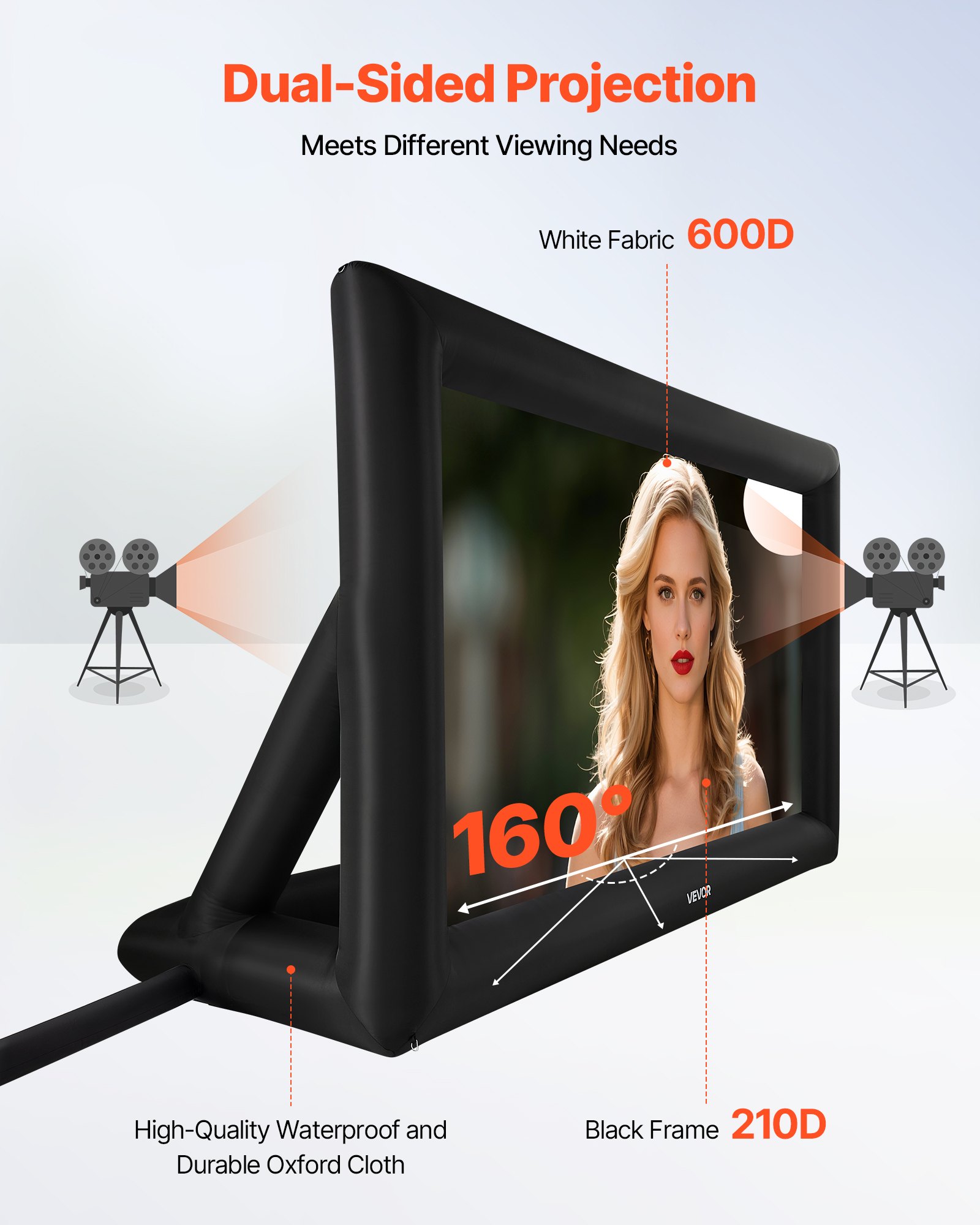 VEVOR 20 ft Inflatable Movie Screen, 600D Washable Inflatable Projection Screen with Portable Storage Bag, Easy Set Up 16:9 Movie Projector for Outdoor Backyard, Home Theater, Theme Party, Pool Fun