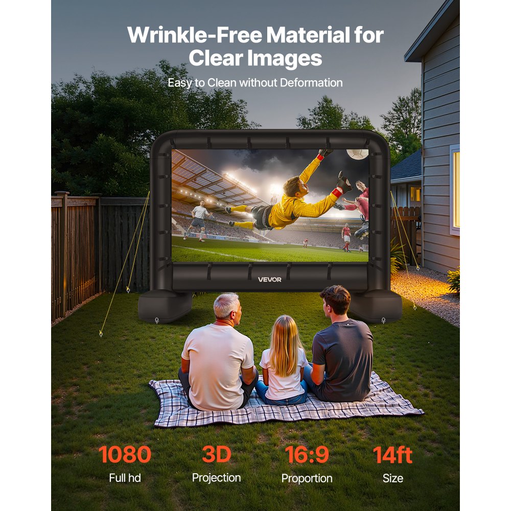 VEVOR 14 ft Inflatable Movie Screen, 600D Washable Inflatable Projector Screen with Portable Storage Bag, 16:9 Easy Set Up Movie Projection for Outdoor Backyard, Home Theater, Theme Party, Pool Fun