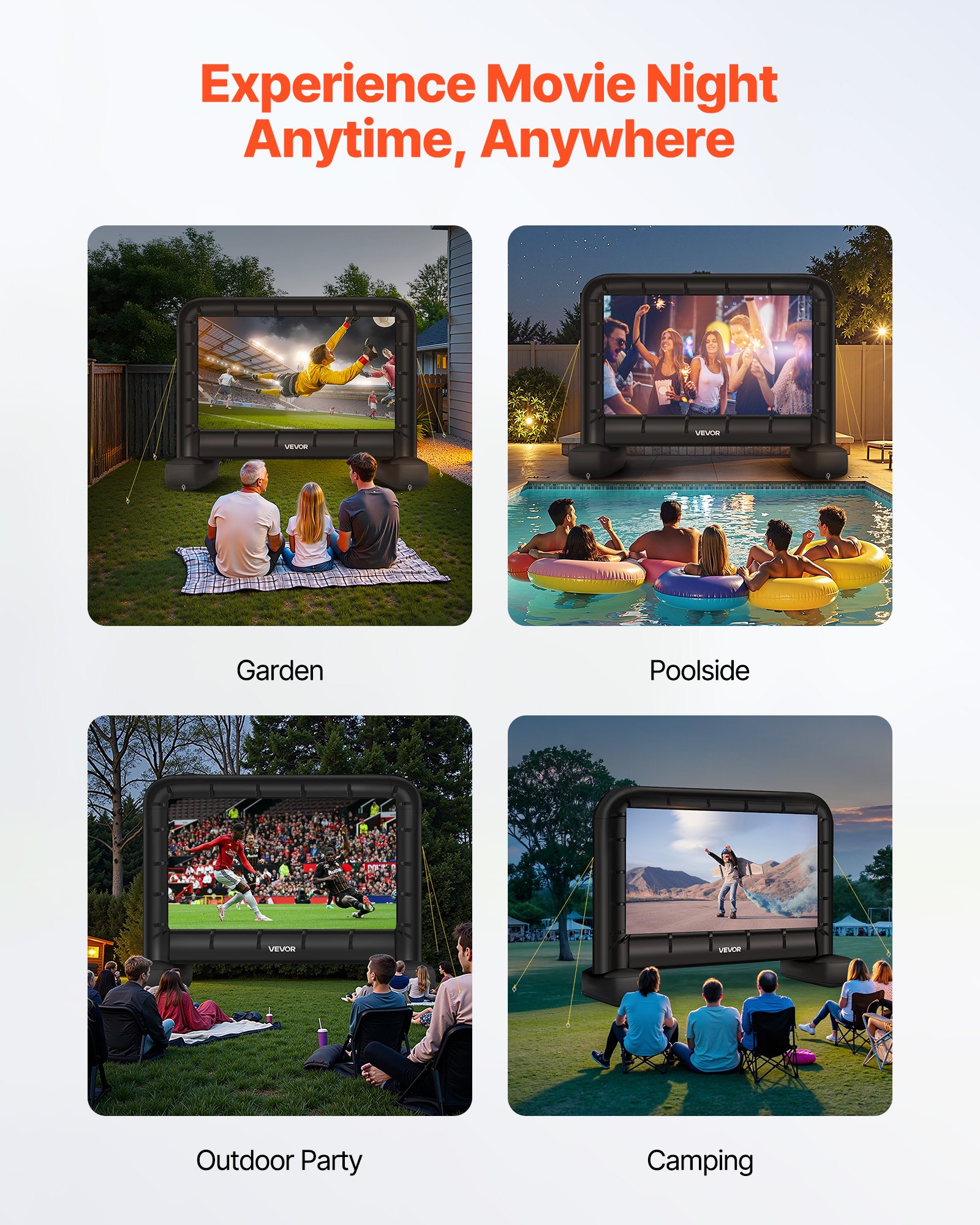 VEVOR 14 ft Inflatable Movie Screen, 600D Washable Inflatable Projector Screen with Portable Storage Bag, 16:9 Easy Set Up Movie Projection for Outdoor Backyard, Home Theater, Theme Party, Pool Fun