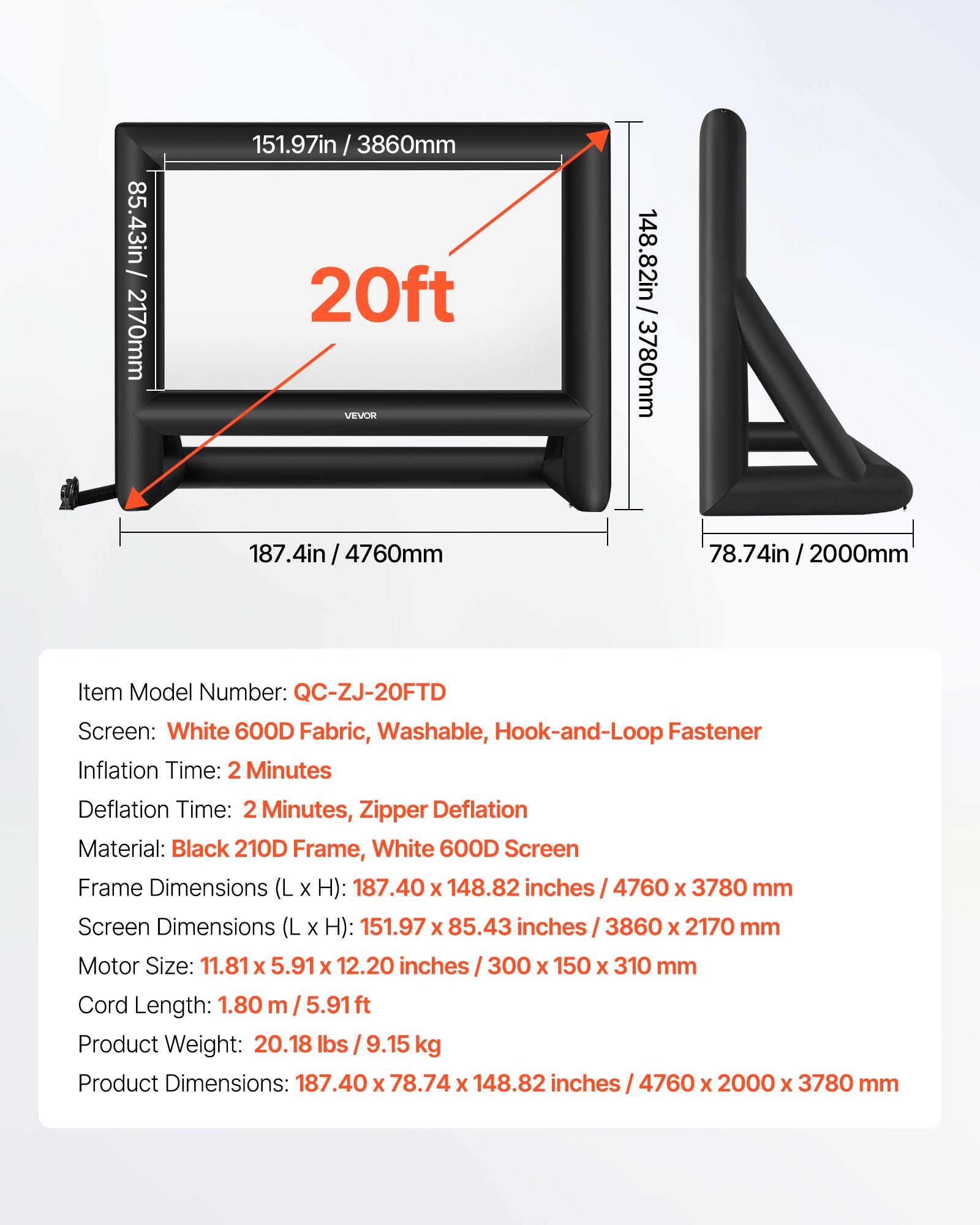 VEVOR 20 ft Inflatable Movie Screen, 600D Washable Inflatable Projector Screen with Portable Storage Bag, 16:9 Easy Set Up Movie Projection for Outdoor Backyard, Home Theater, Theme Party, Pool Fun