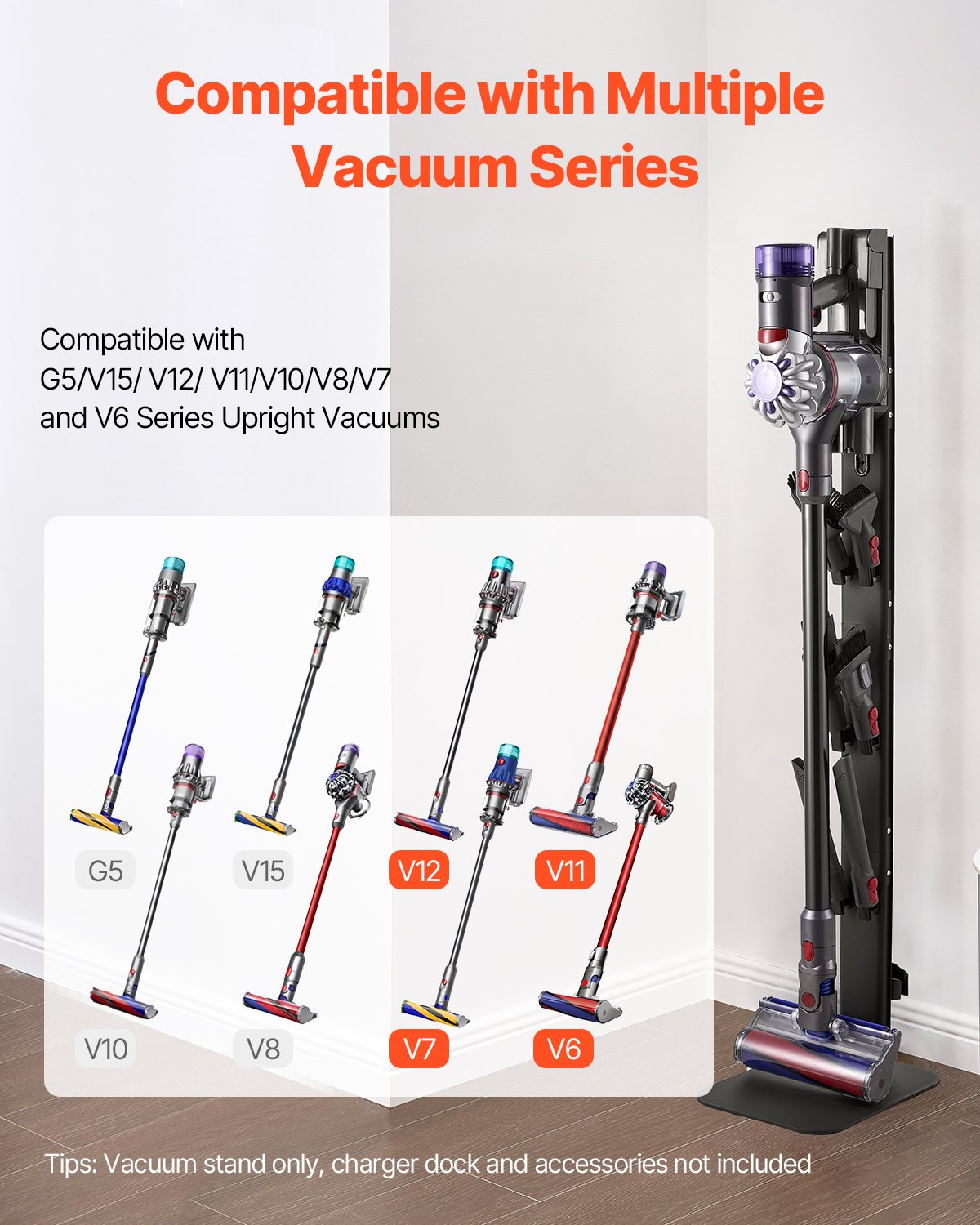 VEVOR Vacuum Stand, Compatible with Dyson G5 V15 V12 V11 V10 V8 V7 V6 Series Upright Vacuums Cleaners & Accessories, Stable Vacuum Stand Holder with 6 Hooks and Non-slip Footpads, Black