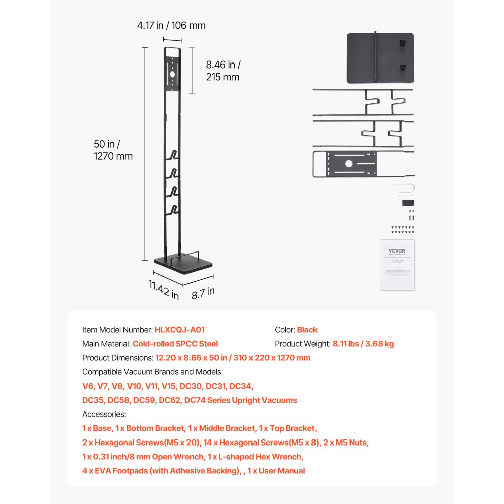VEVOR Vacuum Stand, Compatible With Dyson V6 V7 V8 V10 V11 V15, Stable Vacuum Stand Holder with 4 Hooks for Dyson DC30 DC31 DC34 DC35 DC58 DC59 DC62 D74 Cordless Upright Vacuum Cleaners & Accessories