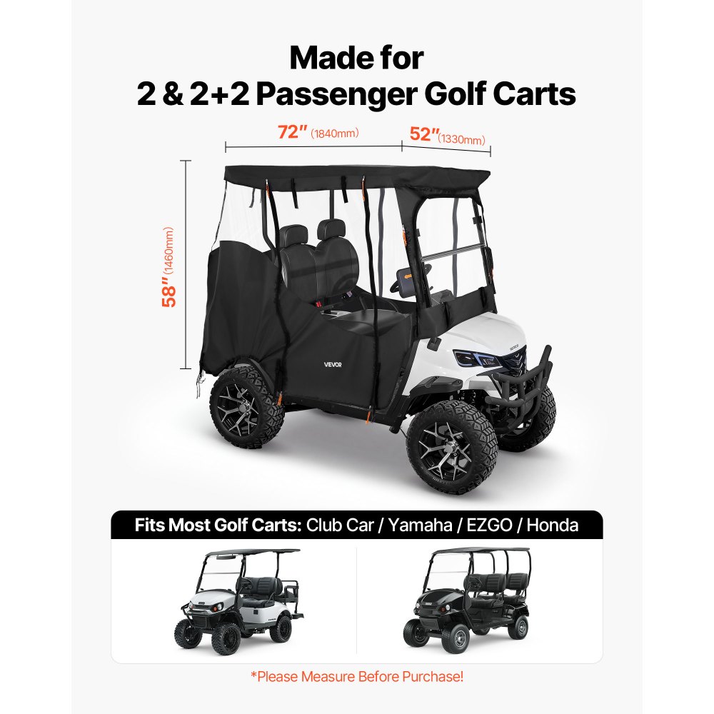 VEVOR Golf Cart Cover, Visible Full-Enclosure 2&2+2 Passenger Golf Cart, 420D Waterproof Oxford Fabric Club Car Cover Fits Most Carts Club Car, Yamaha, EZGO, Honda, PVC Coating & Windproof Hook Design