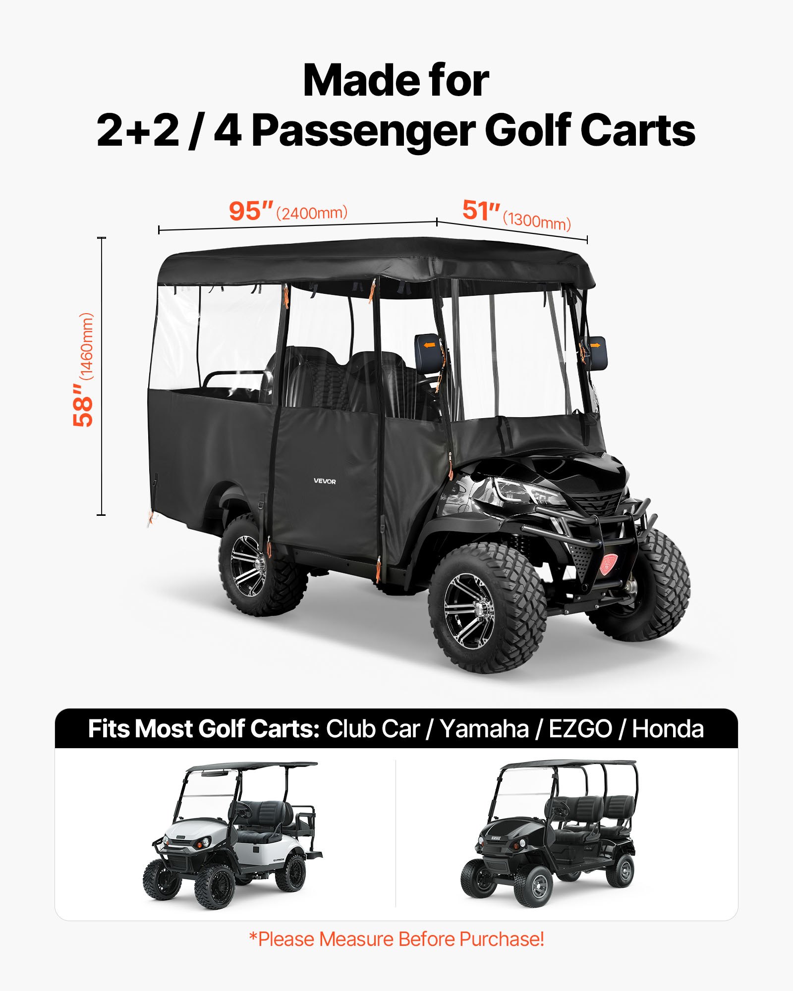 VEVOR Golf Cart Cover, Visible Full-Enclosure 2+2/4 Passenger Golf Cart, 600D Waterproof Oxford Fabric Club Car Cover Fits Most Carts Club Car, Yamaha, EZGO, Honda, PVC Coating & Windproof Hook Design