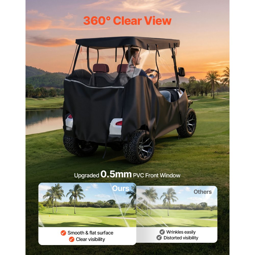 VEVOR Golf Cart Cover, Visible Full-Enclosure 2&2+2 Passenger Golf Cart, 600D Waterproof Oxford Fabric Club Car Cover Fits Most Carts Club Car, Yamaha, EZGO, Honda, PVC Coating & Windproof Hook Design