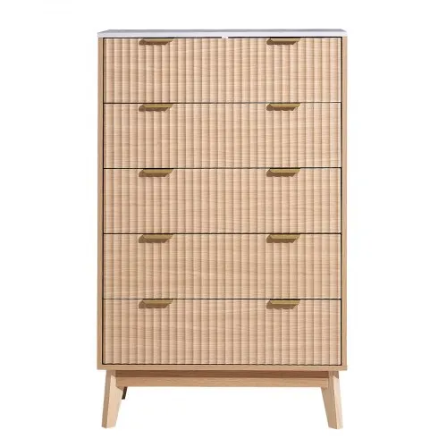 VEVOR 5-drawer Wooden Dresser Chest With Sliding Drawers & Anti-tip Device Modern Minimalist Light Wood Storage Organizer For Bedroom Living Room