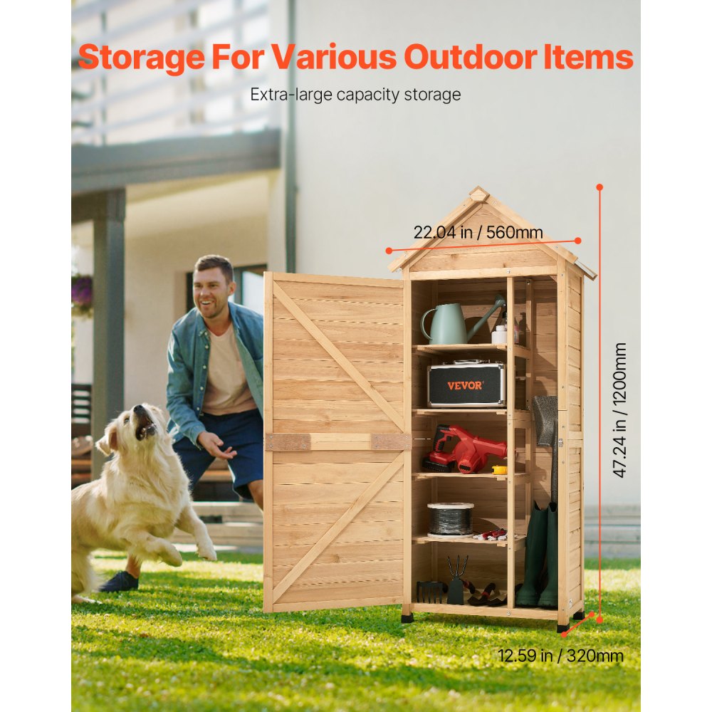 VEVOR Outdoor Storage Shed, Large Wooden Outside Storage Shed, Garden Tool Shed with Shelves, Lock, and Floor, Waterproof Storage House Cabinet for Patio Yard Lawn Garden, 28x63 inch