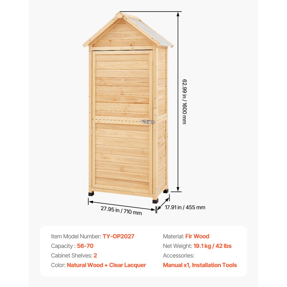 VEVOR Outdoor Storage Shed, Large Wooden Outside Storage Shed, Garden Tool Shed with Shelves, Lock, and Floor, Waterproof Storage House Cabinet for Patio Yard Lawn Garden, 28x63 inch