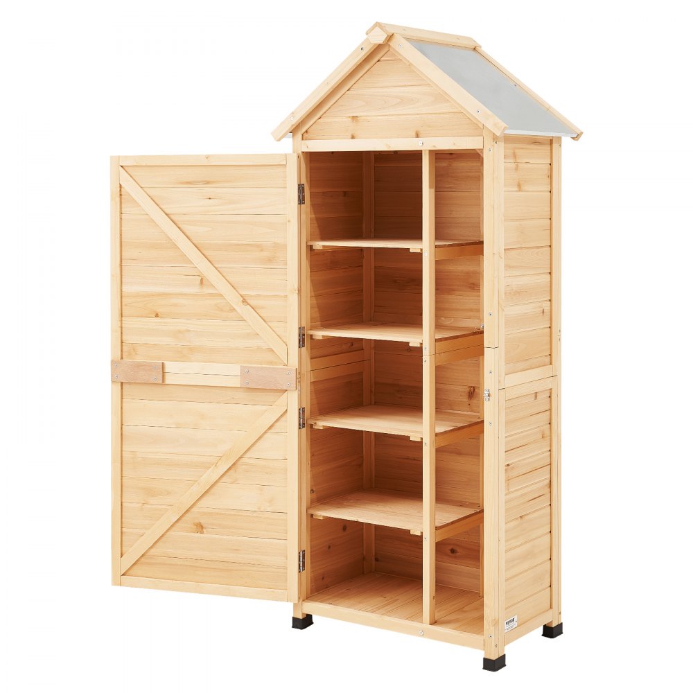 VEVOR Outdoor Storage Shed, Large Wooden Outside Storage Shed, Garden Tool Shed with Shelves, Lock, and Floor, Waterproof Storage House Cabinet for Patio Yard Lawn Garden, 28x63 inch