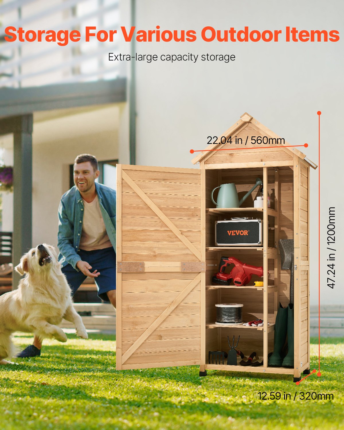 VEVOR Outdoor Storage Shed, Large Wooden Outside Storage Shed, Garden Tool Shed with Shelves, Lock, and Floor, Waterproof Storage House Cabinet for Patio Yard Lawn Garden, 28x63 inch