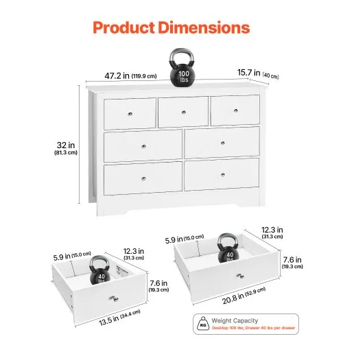 VEVOR White 7 Drawer Dresser 100 lbs Load, Each 40 lbs VEVOR White 7 Drawer Dresser 100 lbs Load, Each 40 lbs