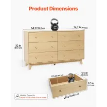 VEVOR 6 Drawer Dresser Wooden Chest of Drawers with Sliding with Anti-tip Device