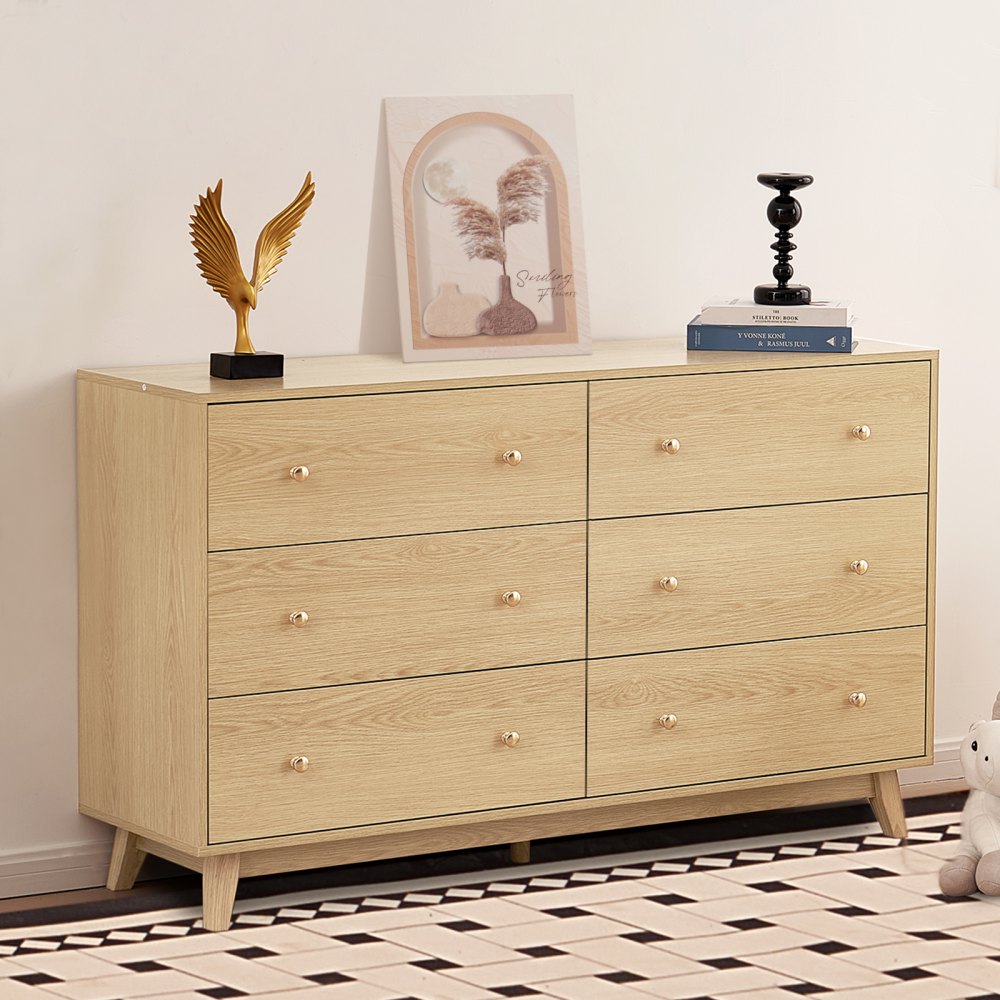 VEVOR 6 Drawer Dresser, Wooden Chest of Drawers with Sliding with Anti-tip Device, Modern Minimalist Dresser Chest, Closet Storage Organizer for Living Room, Hallway, Bedroom, Entryway, Light Wood