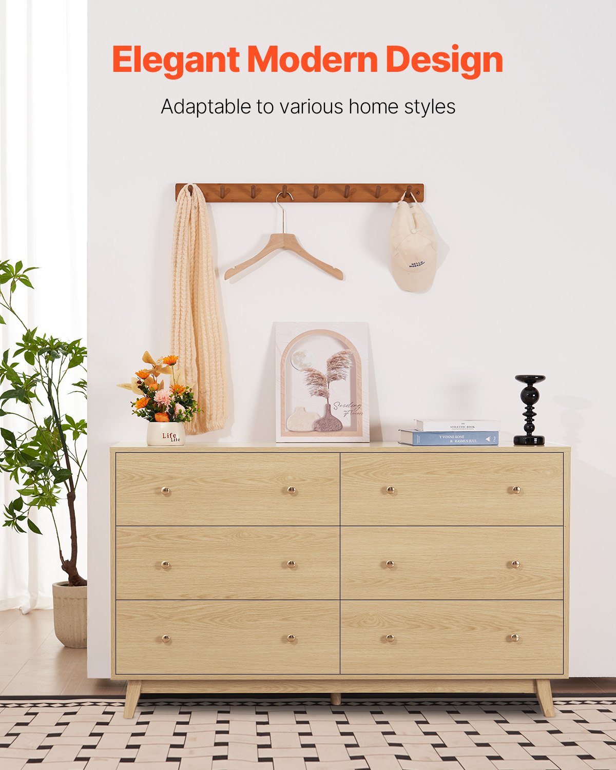 VEVOR 6 Drawer Dresser, Wooden Chest of Drawers with Sliding with Anti-tip Device, Modern Minimalist Dresser Chest, Closet Storage Organizer for Living Room, Hallway, Bedroom, Entryway, Light Wood