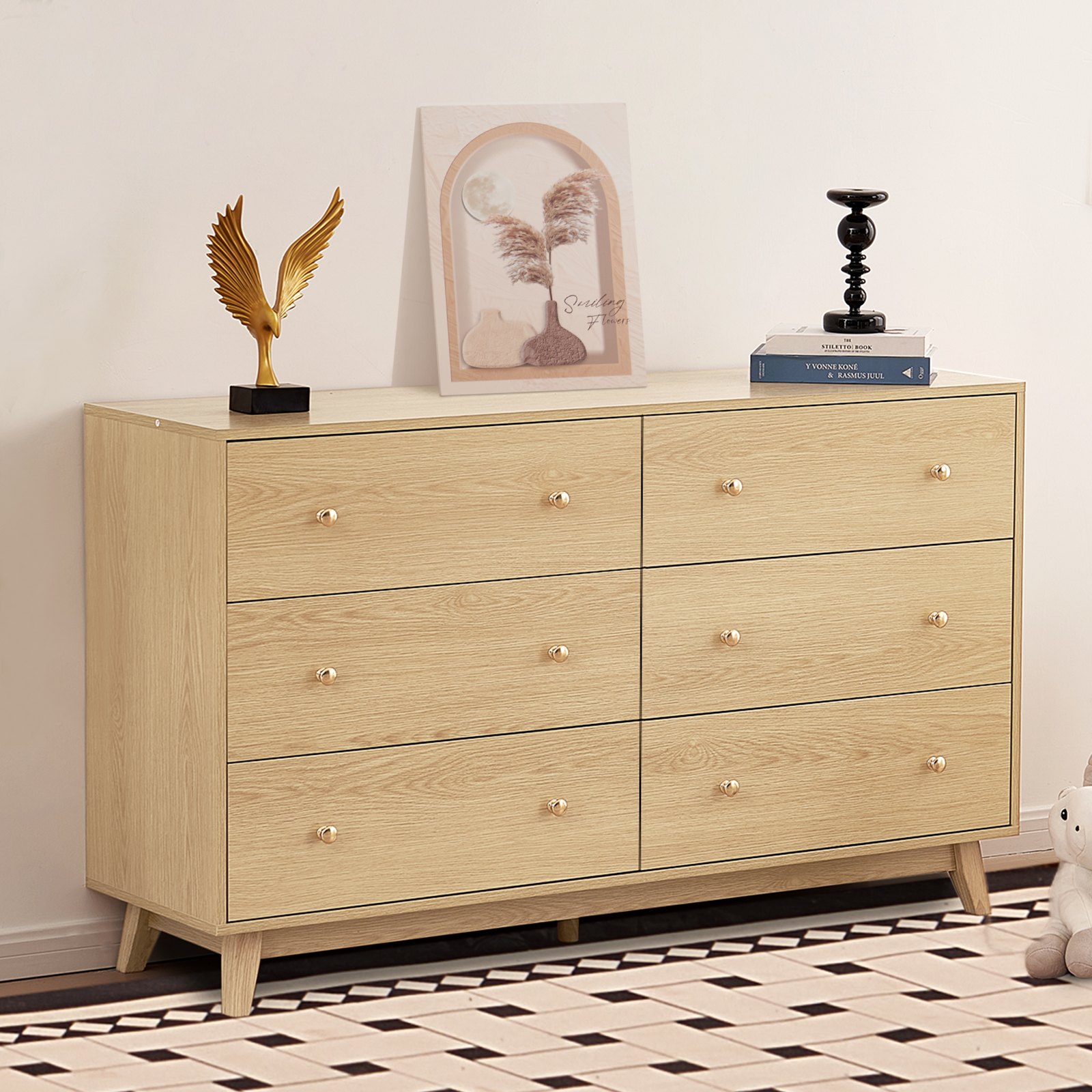 VEVOR 6 Drawer Dresser, Wooden Chest of Drawers with Sliding with Anti-tip Device, Modern Minimalist Dresser Chest, Closet Storage Organizer for Living Room, Hallway, Bedroom, Entryway, Light Wood