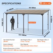 VEVOR 10' x 14' Lean to Gazebo for Patio Hard Top Pergola Aluminum Frame