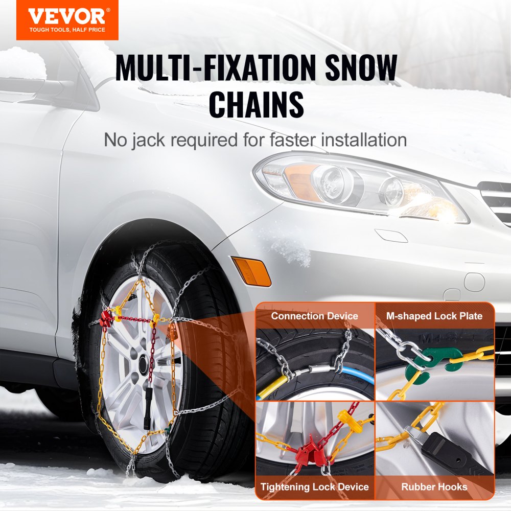 VEVOR 2PC Snow Chains, Manganese Alloy Steel Emergency Traction Tire Chains for Cars, Pickups, SUVs, and Trucks, Snow Tire Chains for 225/70-15, 235/60-16, 235/50-18, 245/45-18, 245/45-17, Silver