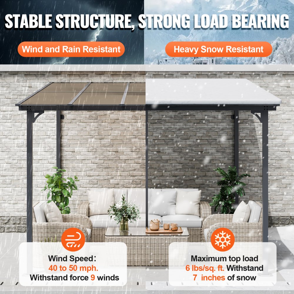VEVOR Lean to Gazebo for Patio, 10' x 10' Hard Top Gazebo with Medal Frame, Wall Mounted & Freestanding Pergola, UV Resistant Polycarbonate Roof, Outdoor Patio Awnings for Deck, Garden and Backyard