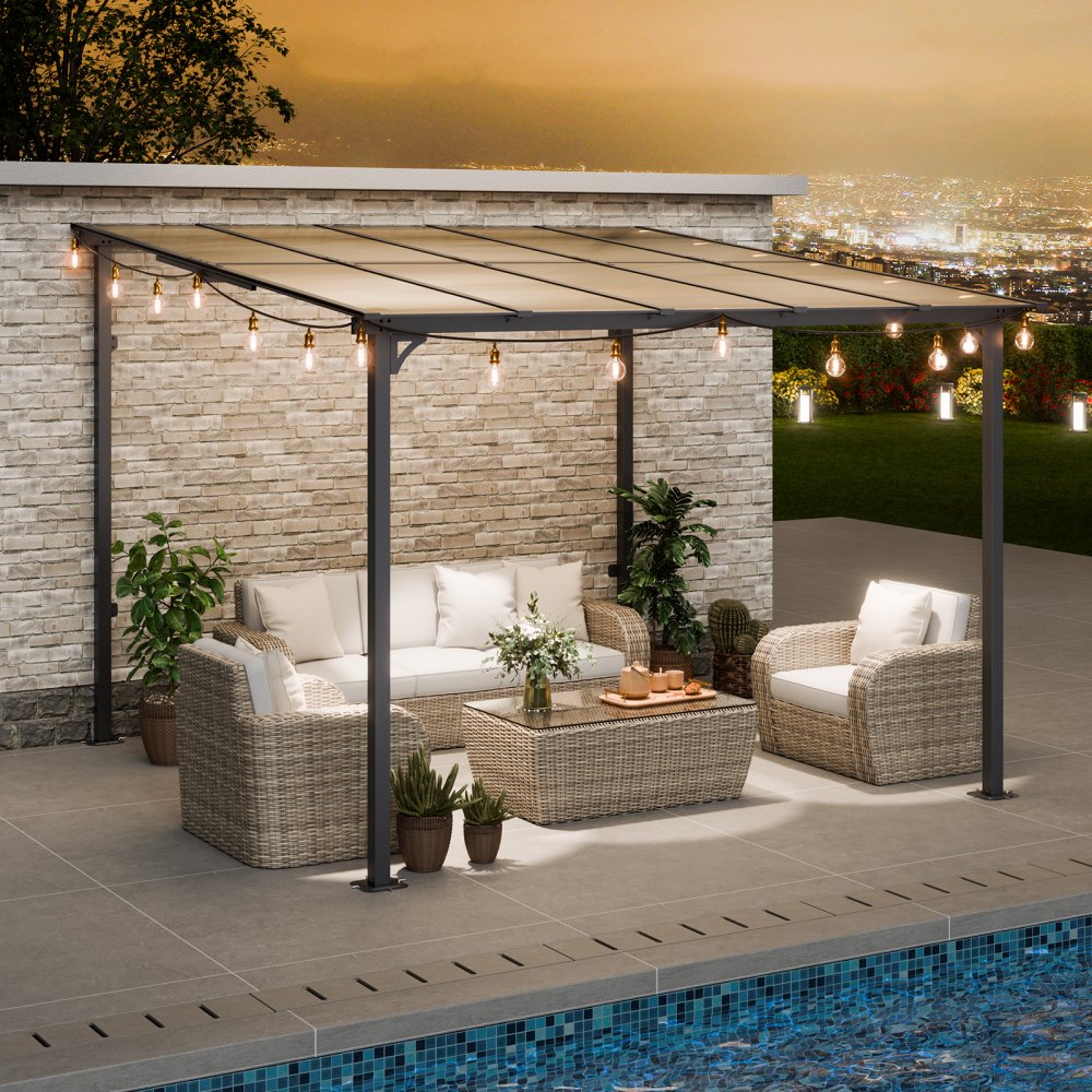 VEVOR Lean to Gazebo for Patio, 10' x 10' Hard Top Gazebo with Medal Frame, Wall Mounted & Freestanding Pergola, UV Resistant Polycarbonate Roof, Outdoor Patio Awnings for Deck, Garden and Backyard