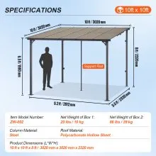 VEVOR 10' x 10' Lean to Gazebo for Patio Hard Top Outdoor Pergola Medal Frame