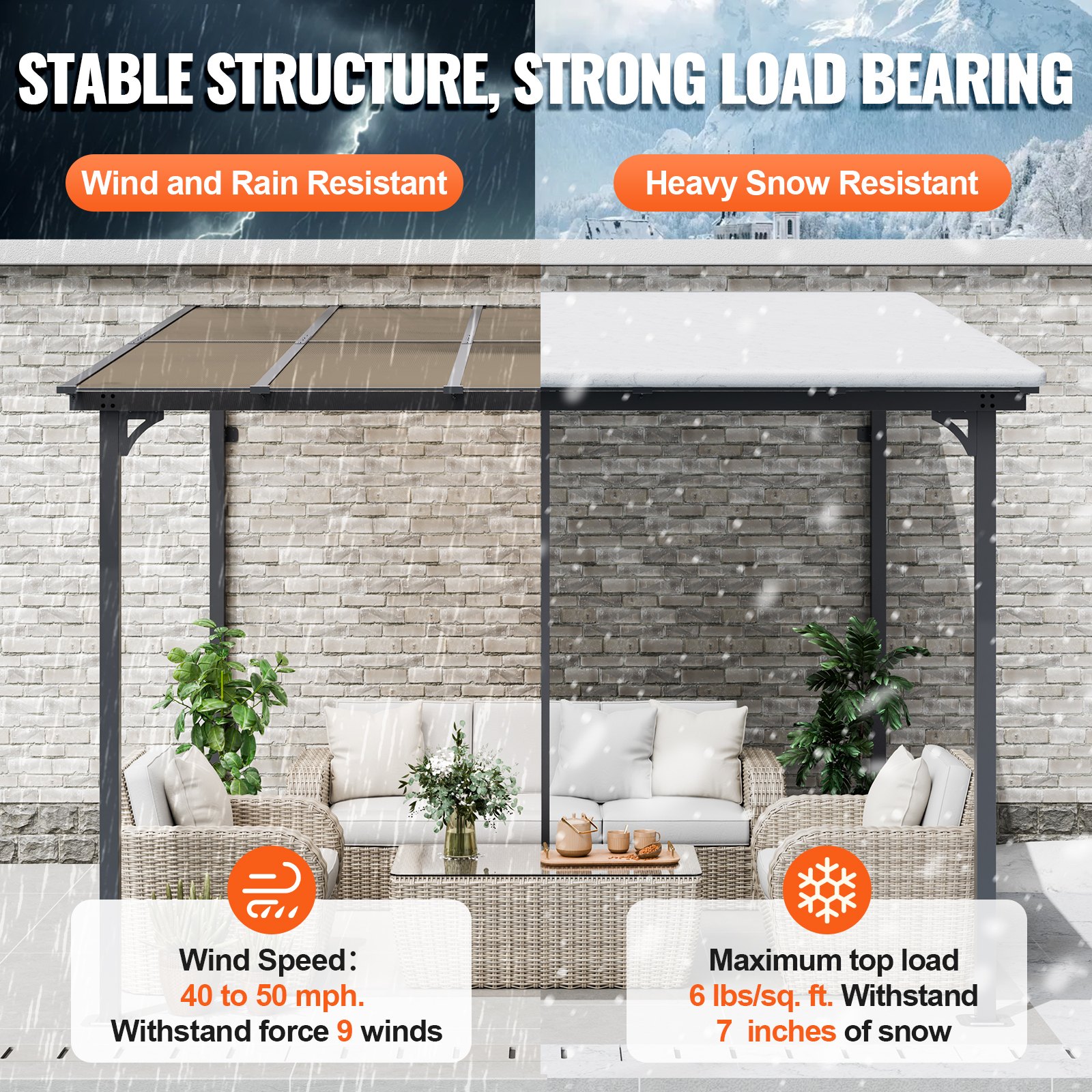 VEVOR Lean to Gazebo for Patio, 10' x 10' Hard Top Gazebo with Medal Frame, Wall Mounted & Freestanding Pergola, UV Resistant Polycarbonate Roof, Outdoor Patio Awnings for Deck, Garden and Backyard