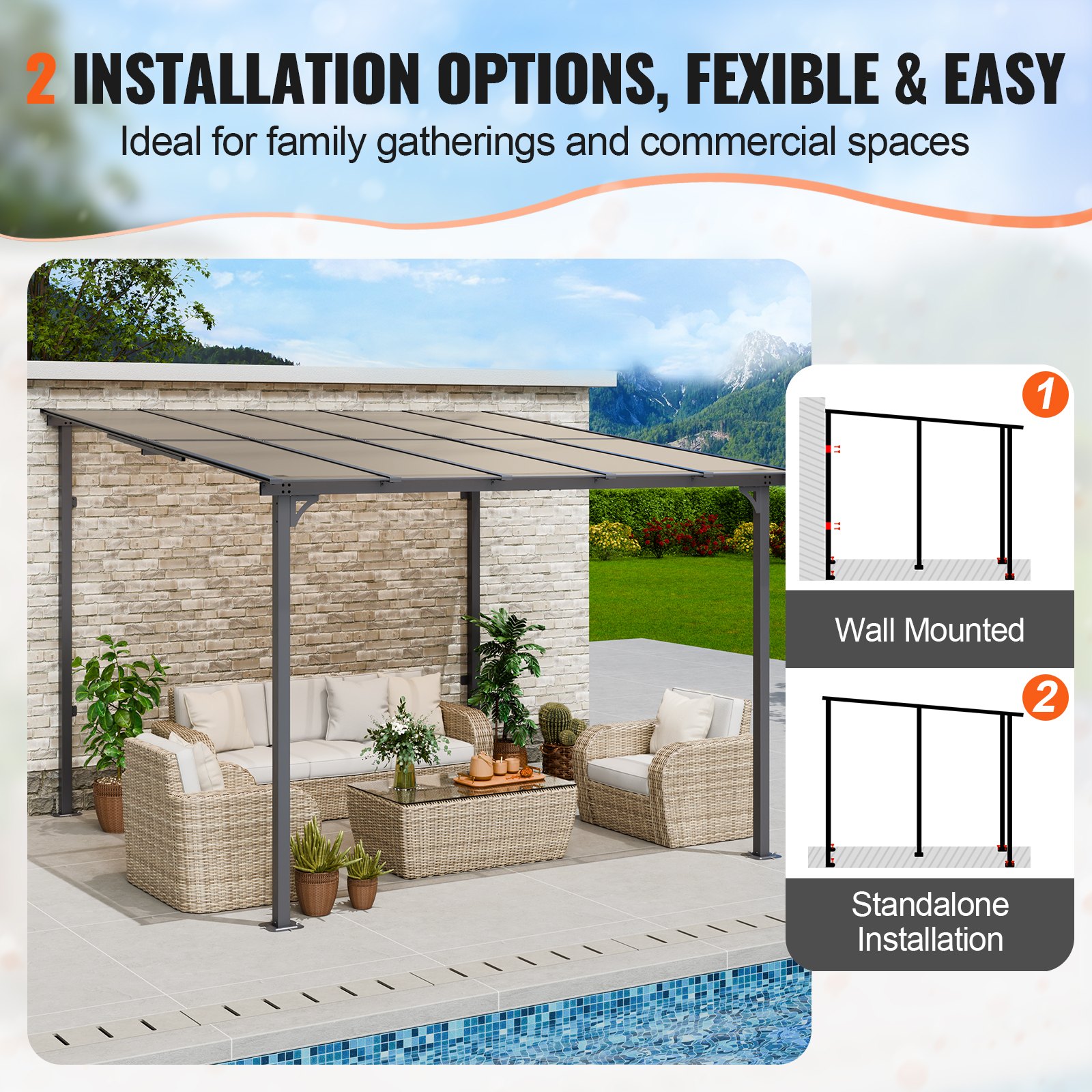 VEVOR Lean to Gazebo for Patio, 10' x 10' Hard Top Gazebo with Medal Frame, Wall Mounted & Freestanding Pergola, UV Resistant Polycarbonate Roof, Outdoor Patio Awnings for Deck, Garden and Backyard