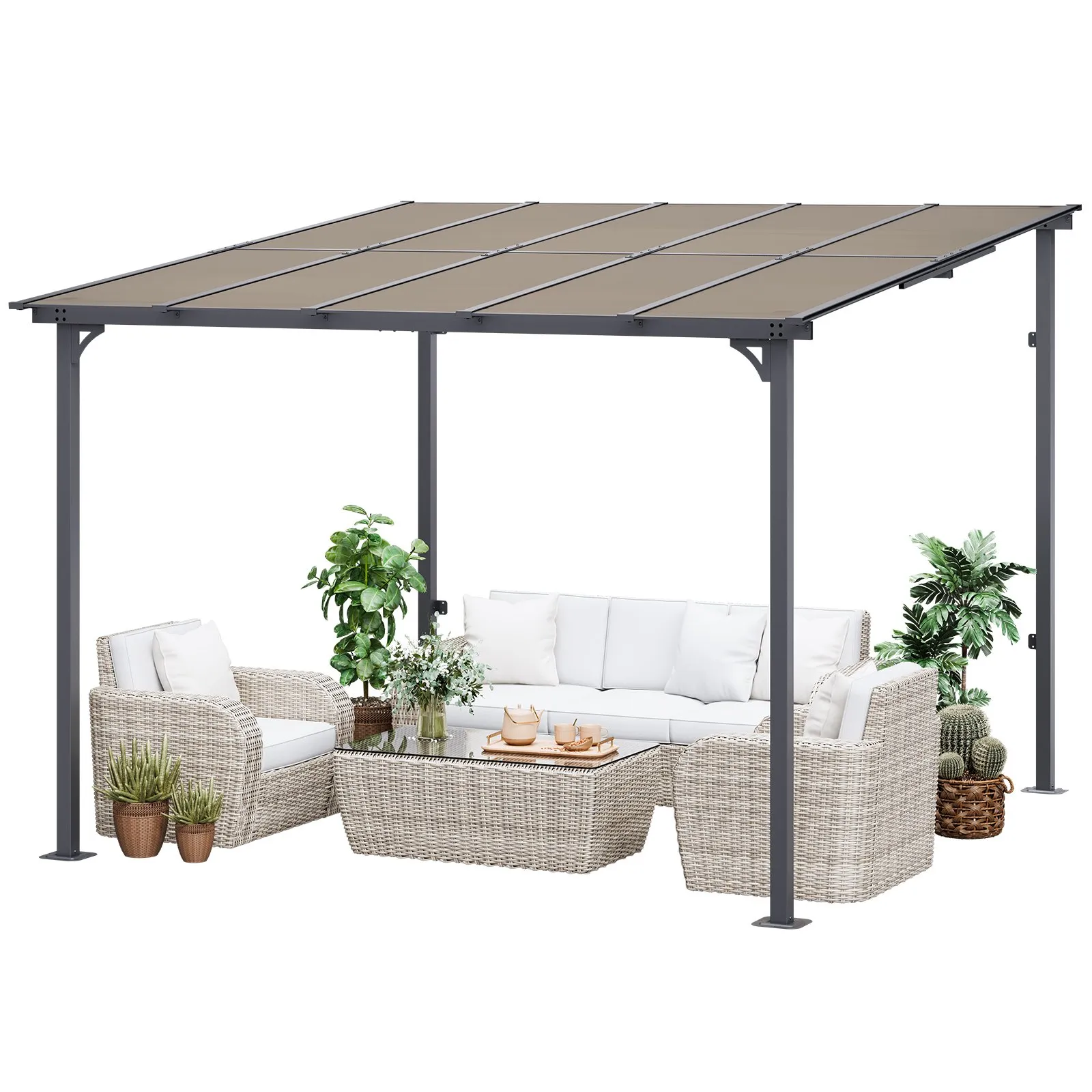 VEVOR Lean to Gazebo for Patio, 10' x 10' Hard Top Gazebo with Medal Frame, Wall Mounted & Freestanding Pergola, UV Resistant Polycarbonate Roof, Outdoor Patio Awnings for Deck, Garden and Backyard
