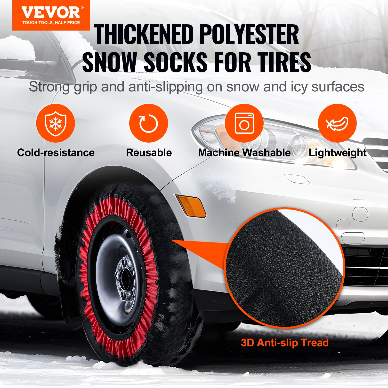VEVOR Thickened Snow Socks for Tires, Polyester Fiber Tire Socks with Elastic Straps, Snow Traction Tire Cover for Car, SUV, Pickup and Truck (Pack of 2)-Extra Large