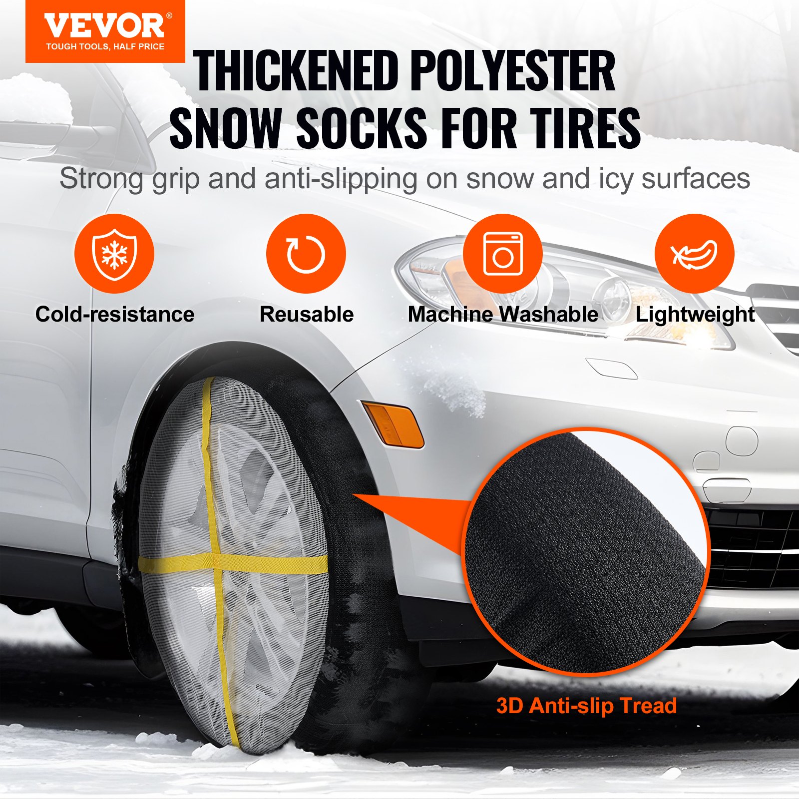 VEVOR Thickened Snow Socks for Tires, Full Coverage Tire Socks with Polyester Fiber, Snow Traction Tire Cover for Car, SUV, Pickup and Truck (Pack of 2)-Large