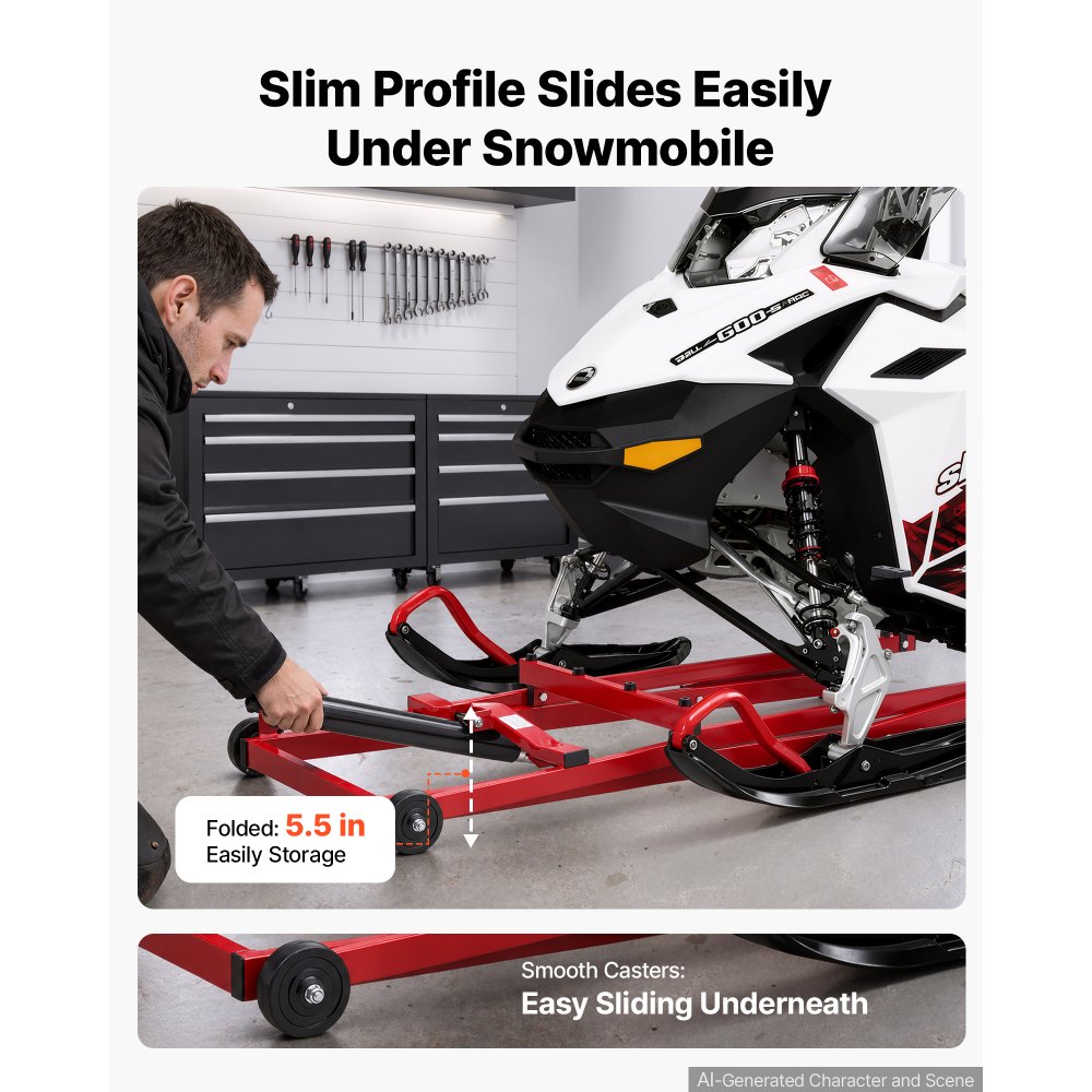 VEVOR Snowmobile Dolly Lift Stand 5.5"-28" Lift Height & Manual Hand Crank, 1000LBS Load Capacity with Wheels, Heavy-Duty Steel Support, Foldable Snowmobile Lifting Stand for Easy Maintenance & Repair