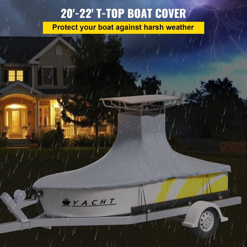 VEVOR T-Top Boat Cover, Fit for 20\'-22\' Boat, Heavy Duty 600D Marine Grade Oxford Hard Top Cover, UV Resistant Waterproof Center Console Boat Cover with 7 Wind-Proof Straps, Gray