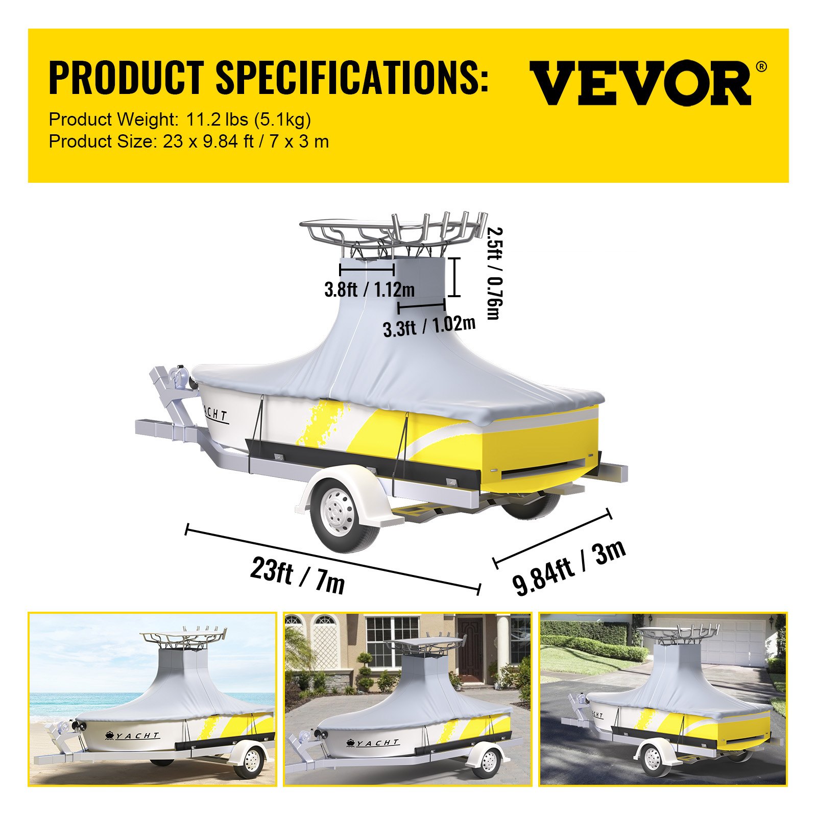 VEVOR T-Top Boat Cover, Fit for 20\'-22\' Boat, Heavy Duty 600D Marine Grade Oxford Hard Top Cover, UV Resistant Waterproof Center Console Boat Cover with 7 Wind-Proof Straps, Gray