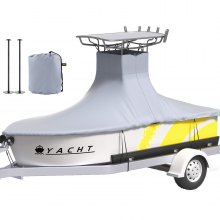 VEVOR T-Top Boat Cover, Fit for 22'-24' Boat, Heavy Duty 600D Marine Grade Oxford Hard Top Cover, UV Resistant Waterproof Center Console Boat Cover w/ 2 Support Poles and 7 Wind-Proof Straps, Gray