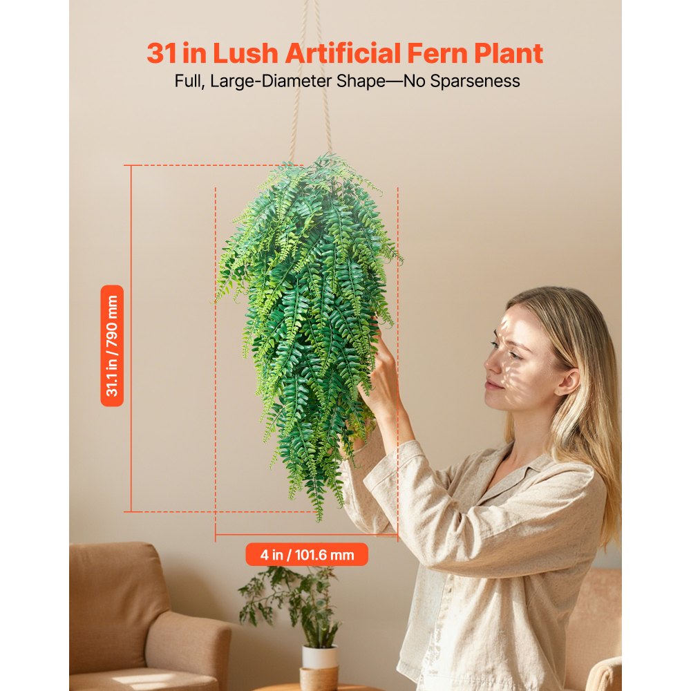 VEVOR Artificial Ferns, 12 Pcs Fake Hanging Boston Fern Bush Plant with 813 mm Hanging Length, Plastic Faux Greenery for Indoor/Outdoor Decor, For Wall, Wedding Party, Home, Porch Garden, No Basket