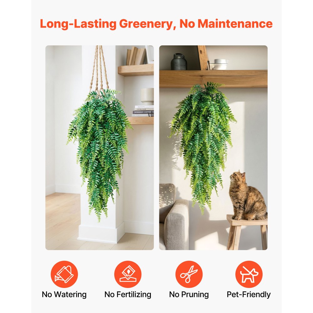 VEVOR Artificial Ferns, 12 Pcs Fake Hanging Boston Fern Bush Plant with 813 mm Hanging Length, Plastic Faux Greenery for Indoor/Outdoor Decor, For Wall, Wedding Party, Home, Porch Garden, No Basket