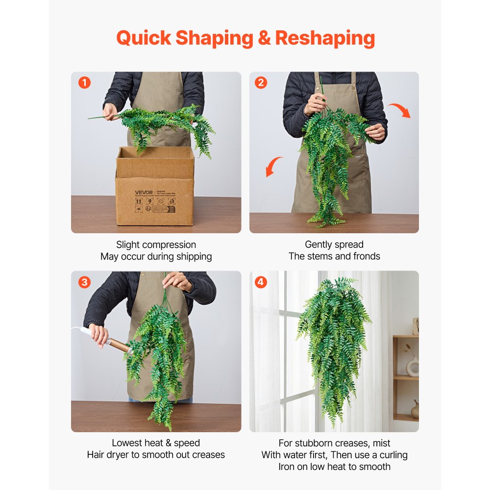 VEVOR Artificial Ferns, 12 Pcs Fake Hanging Boston Fern Bush Plant with 813 mm Hanging Length, Plastic Faux Greenery for Indoor/Outdoor Decor, For Wall, Wedding Party, Home, Porch Garden, No Basket